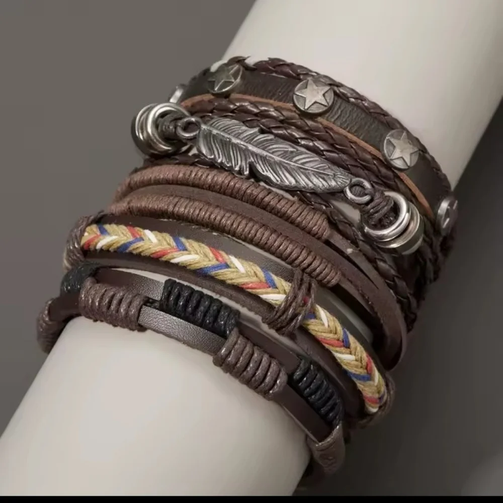 Men's Bracelets Leather 5pc Braided Layered Feather Brown Jewelry‎ F98